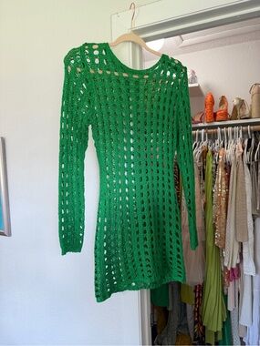 Green Crochet Long-Sleeve Women's Dress